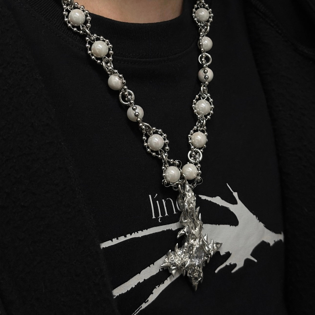 Soldered gem upside down cross pearl necklace