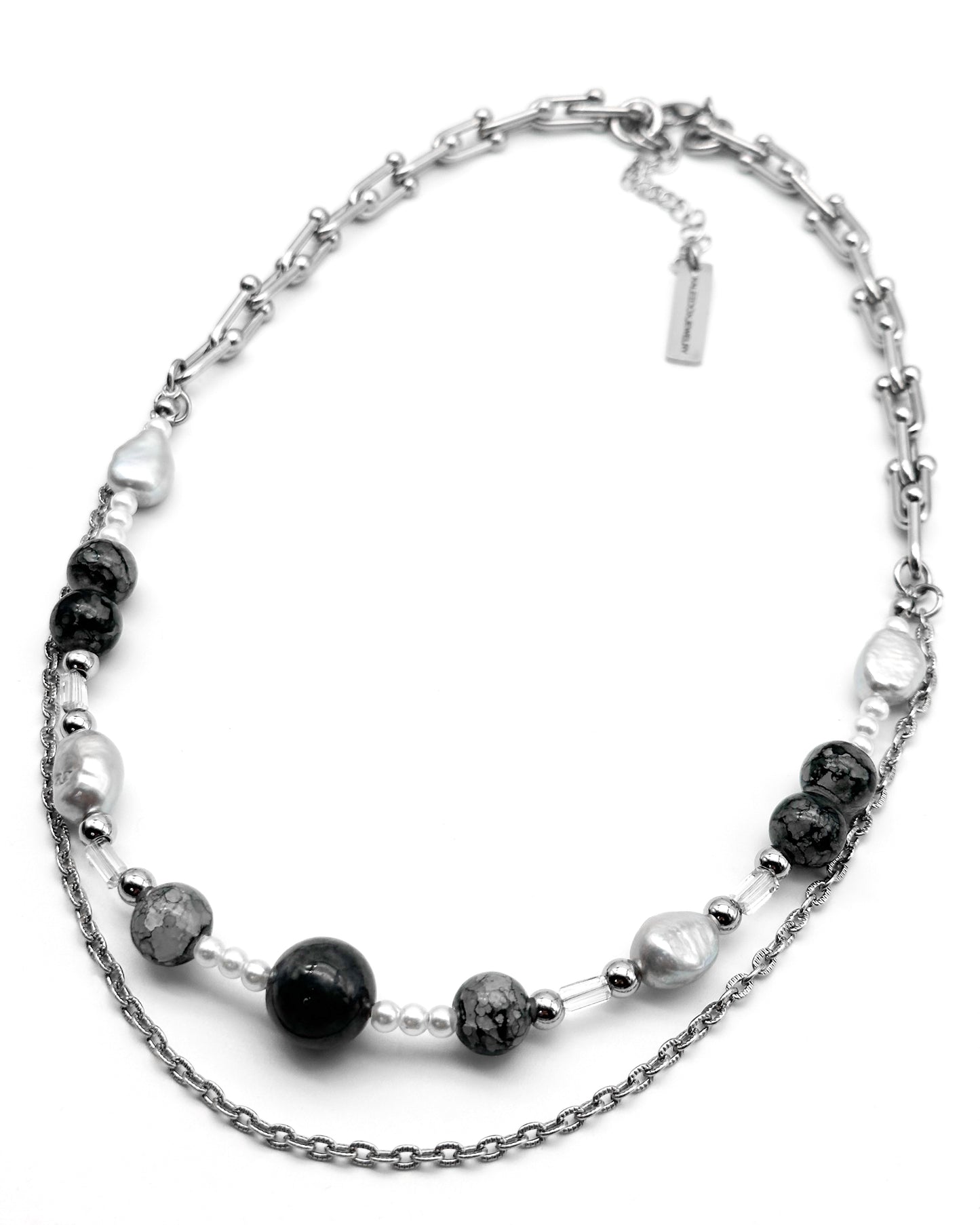 Grey Jade Bead Pearl Chain Necklace