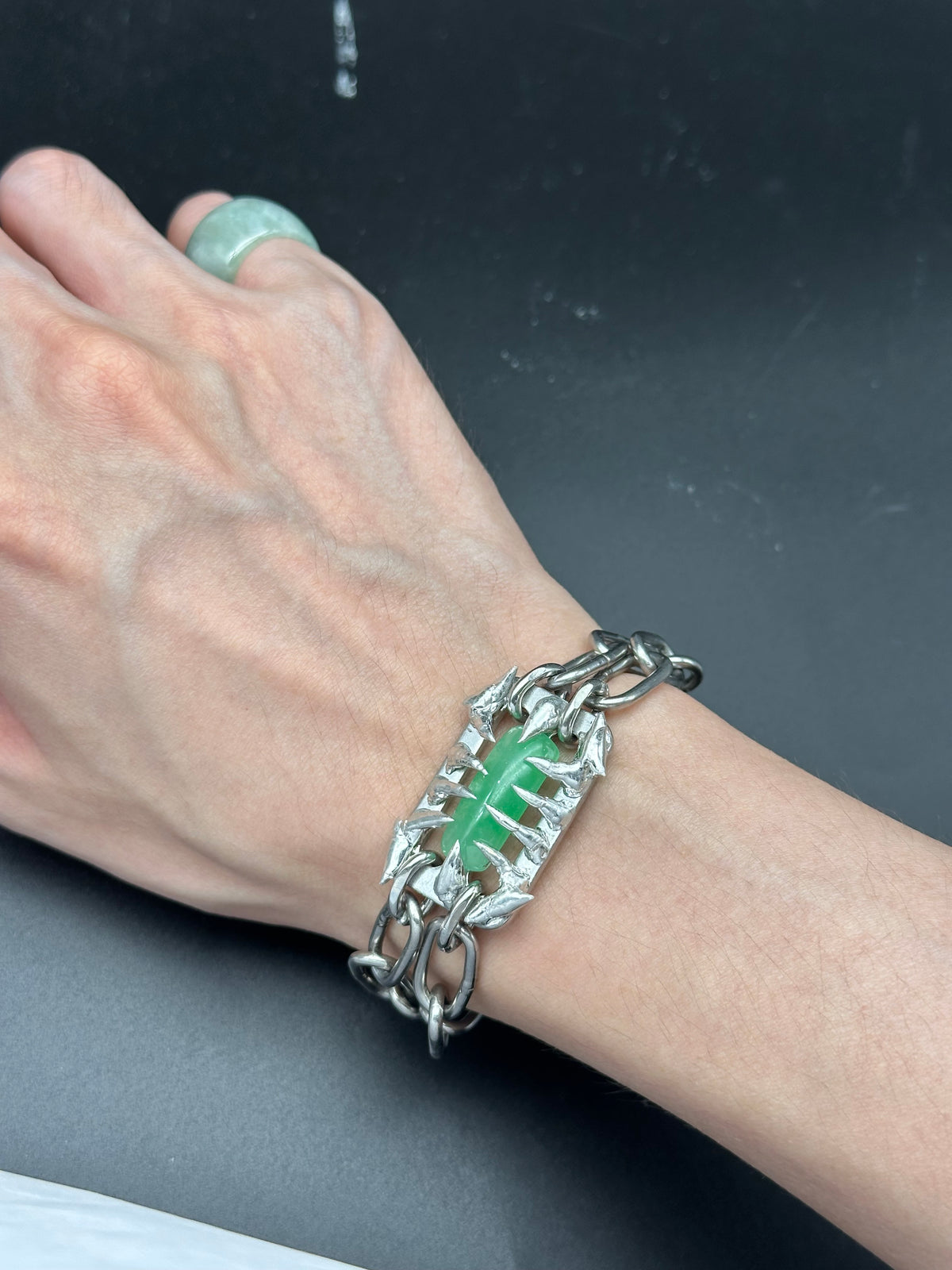 Soldered Thorns Green Jade Bracelet