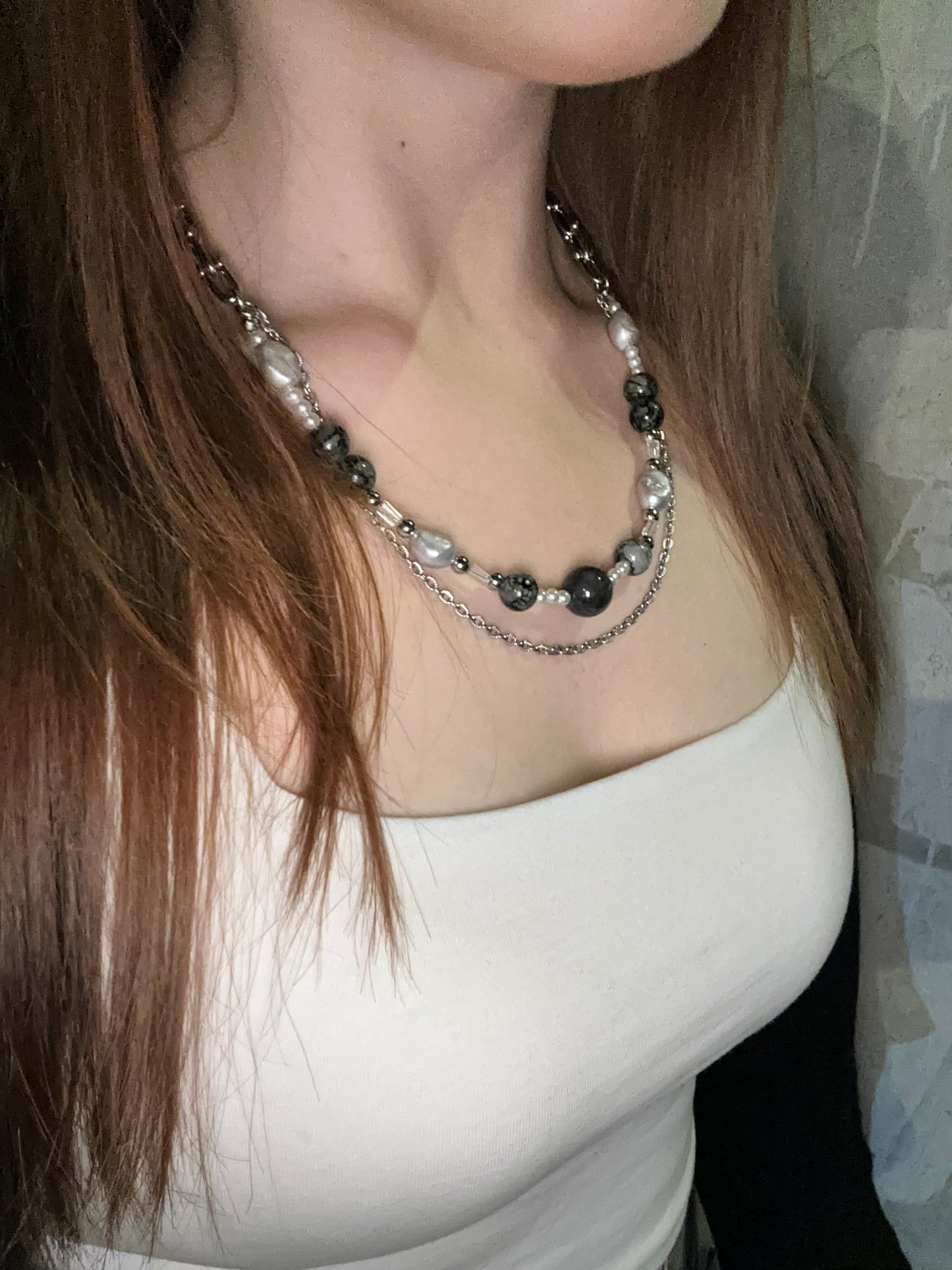 Grey Jade Bead Pearl Chain Necklace