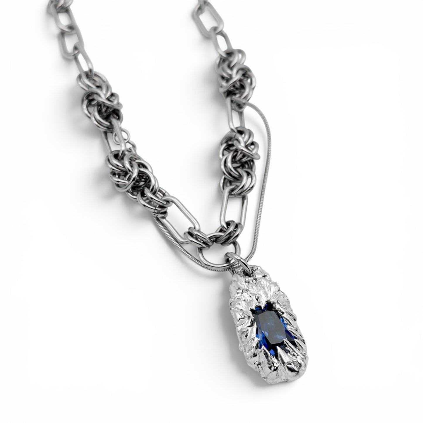 Soldered Blue Gem Pendant Chain Mail Necklace
