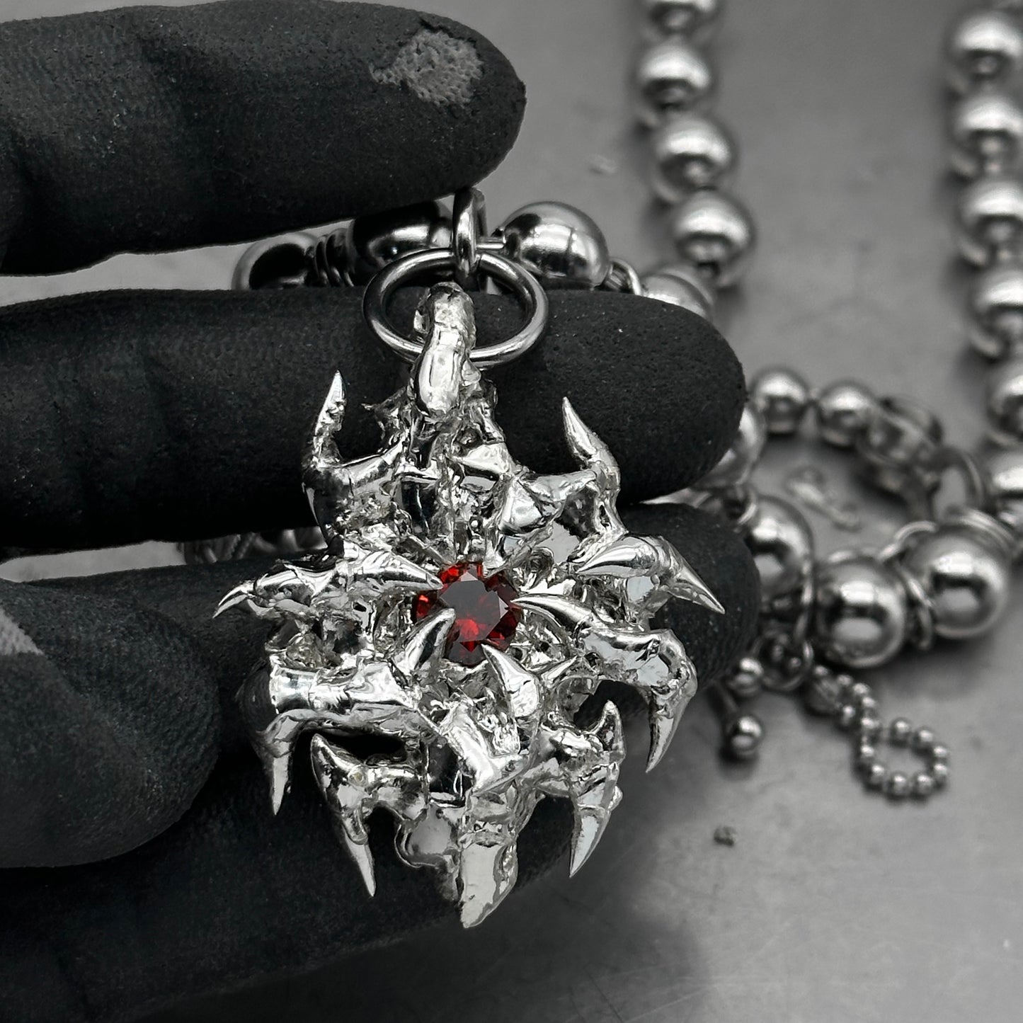 Soldered Red Gem Pendant Ball Chain Drop Necklace