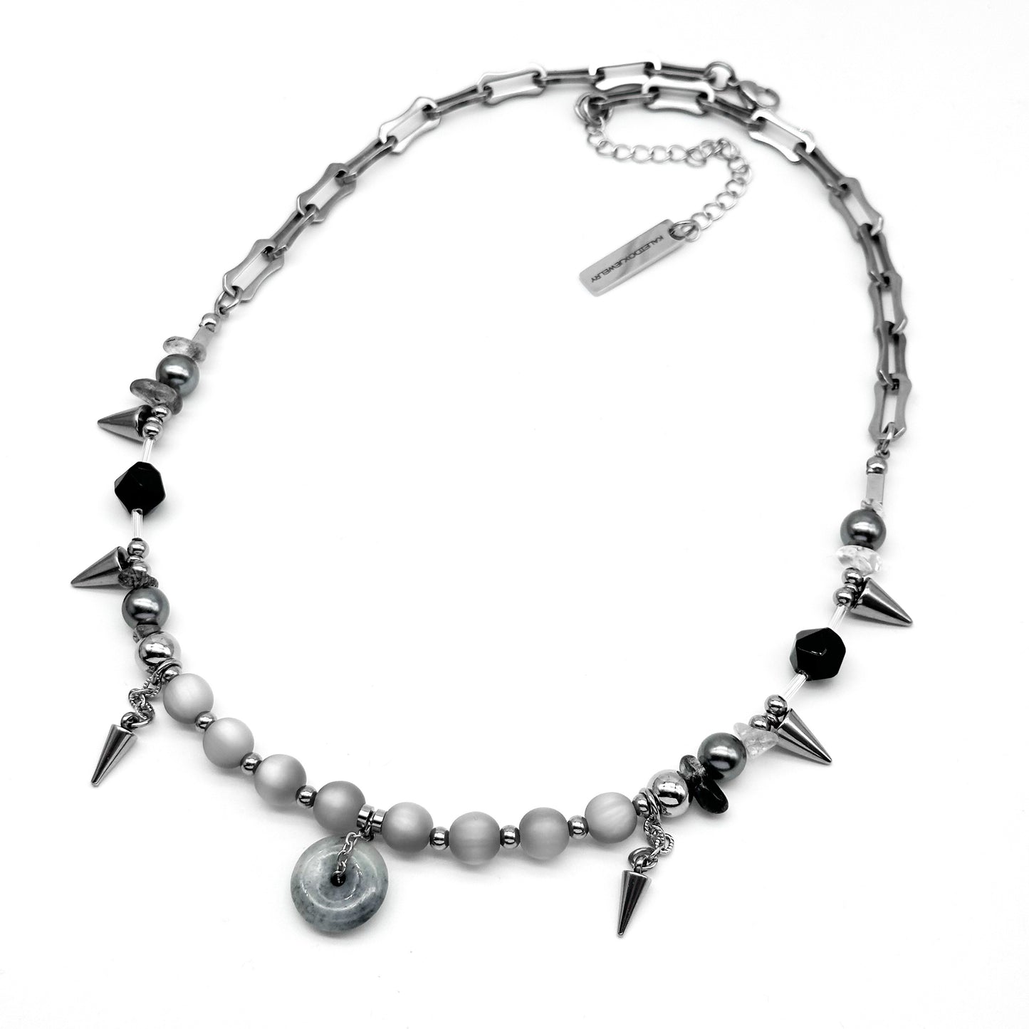 Grey fade jade & spikes necklace