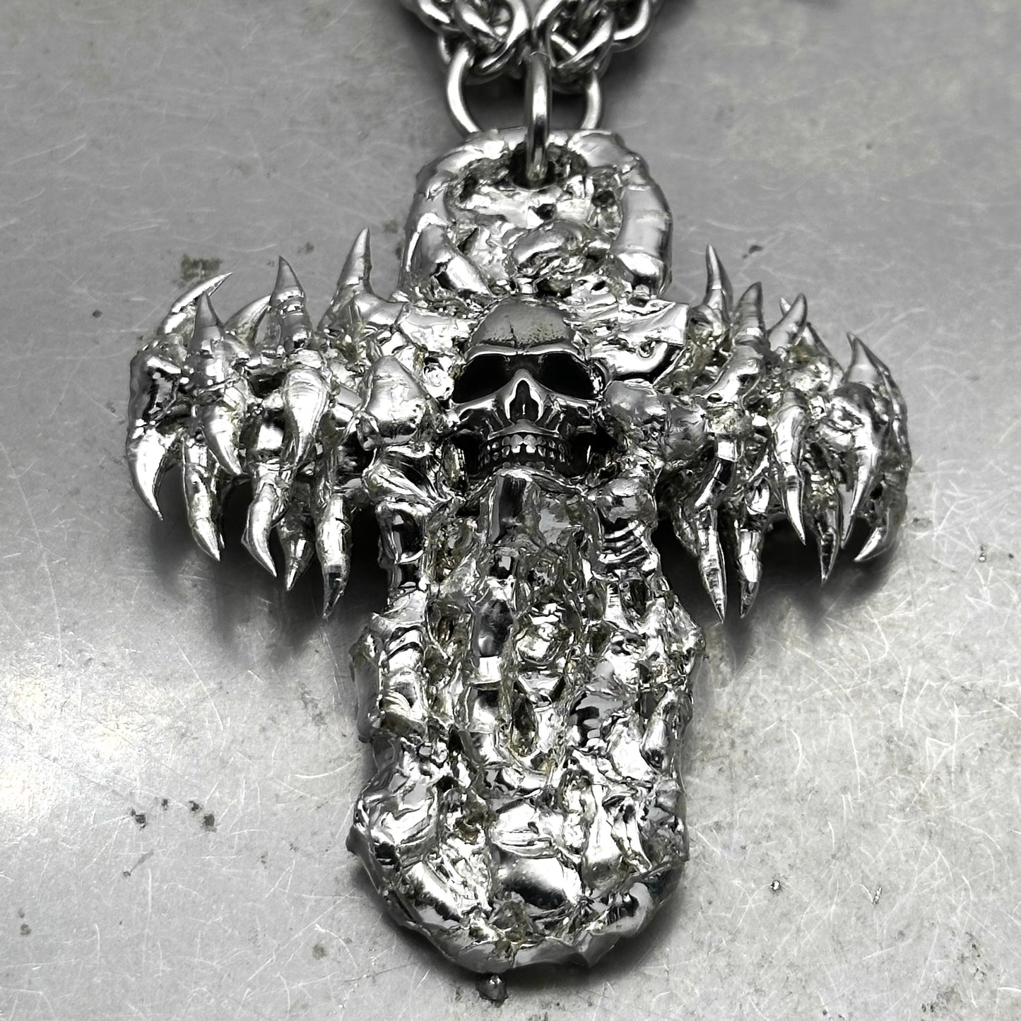 Soldered Skull Cross Pendant Spiked Chain Necklace