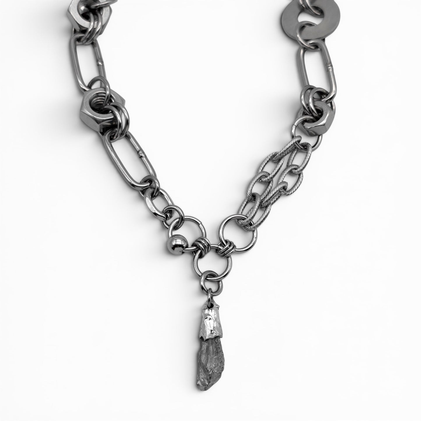 Grey Crystal Pendant Chain Mail Hex Nuts Necklace