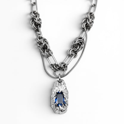 Soldered Blue Gem Pendant Chain Mail Necklace