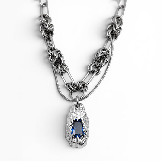 Soldered Blue Gem Pendant Chain Mail Necklace
