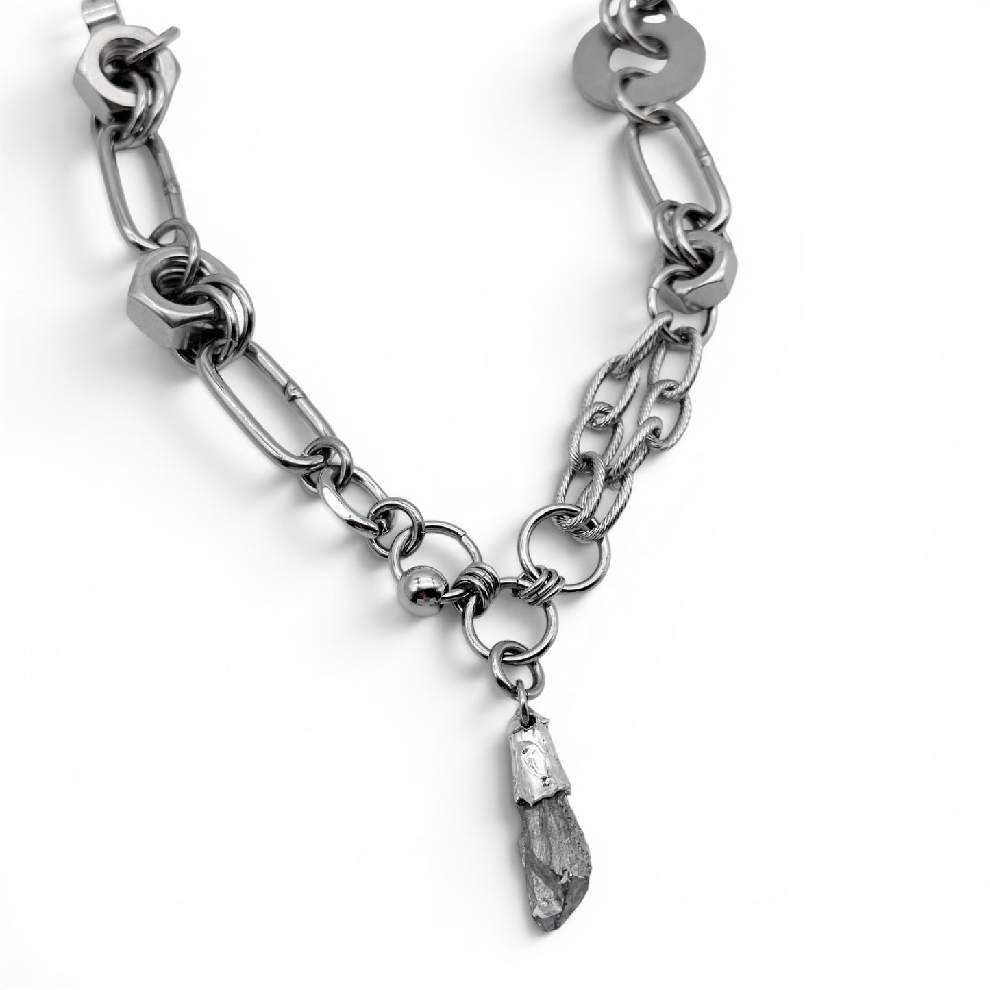 Grey Crystal Pendant Chain Mail Hex Nuts Necklace