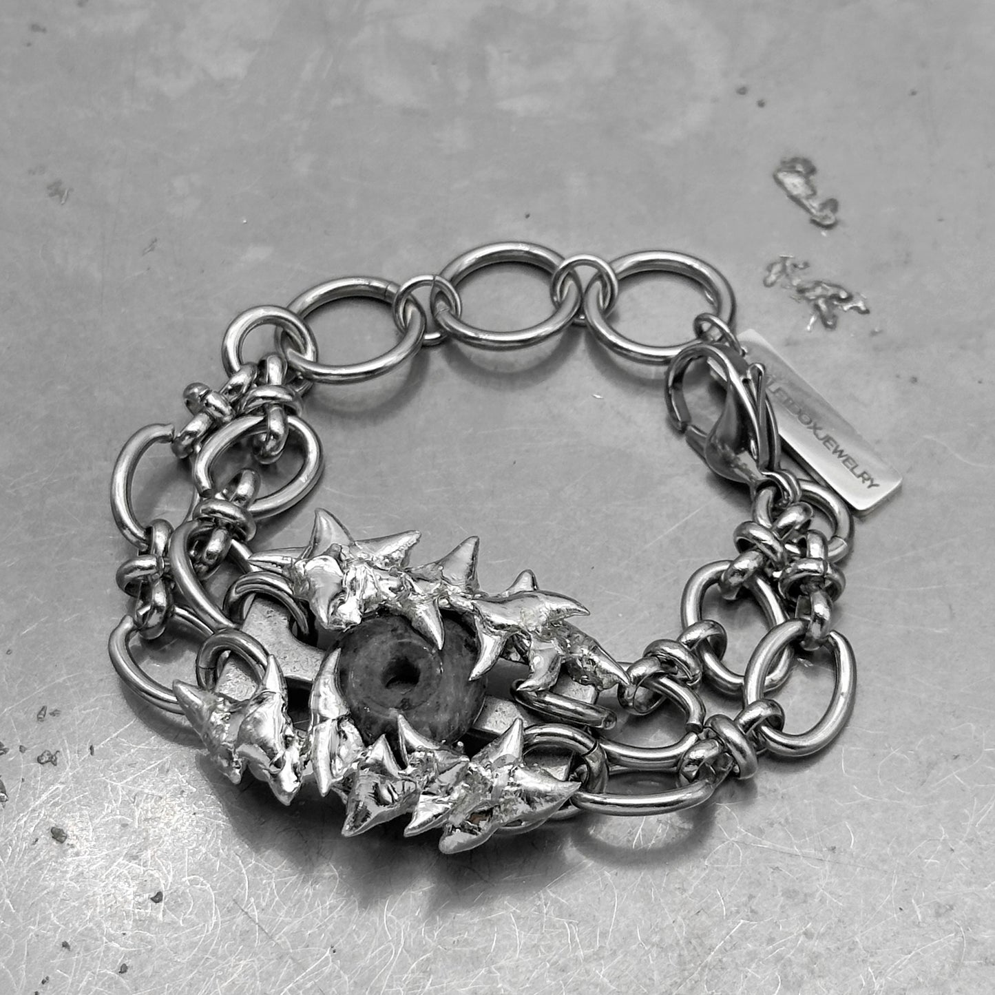 Soldered Grey Jade Thorns Double Chain Bracelt