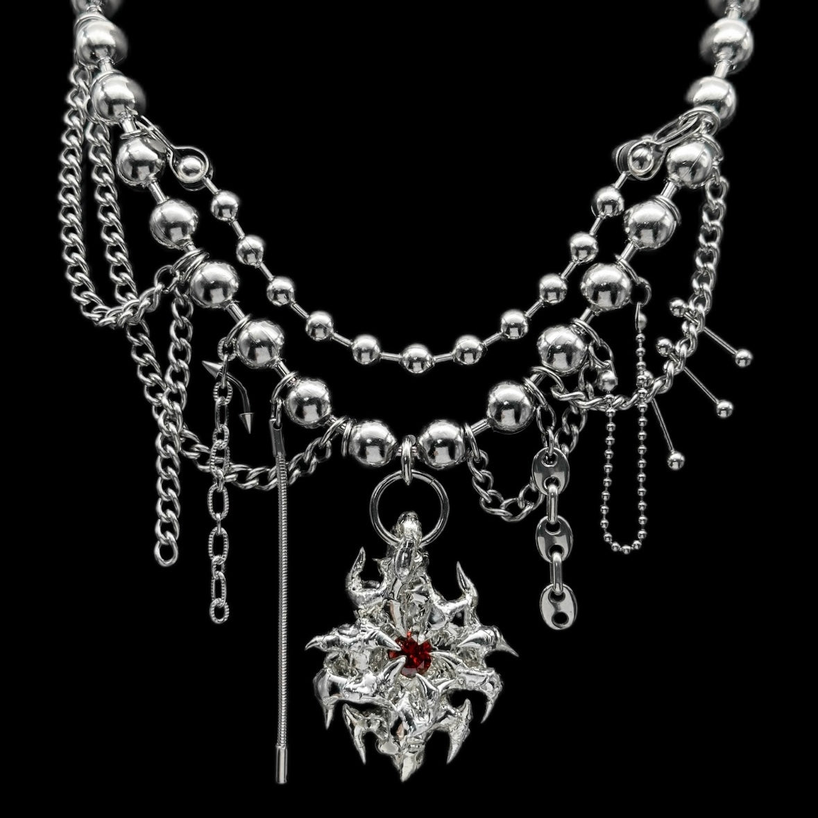 Soldered Red Gem Pendant Ball Chain Drop Necklace