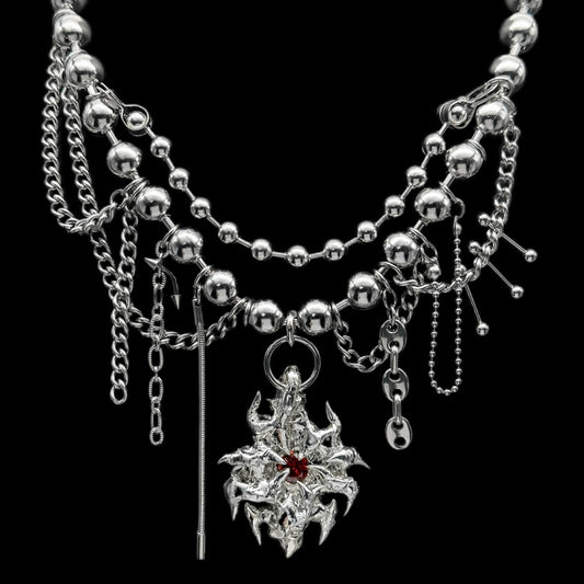 Soldered Red Gem Pendant Ball Chain Drop Necklace