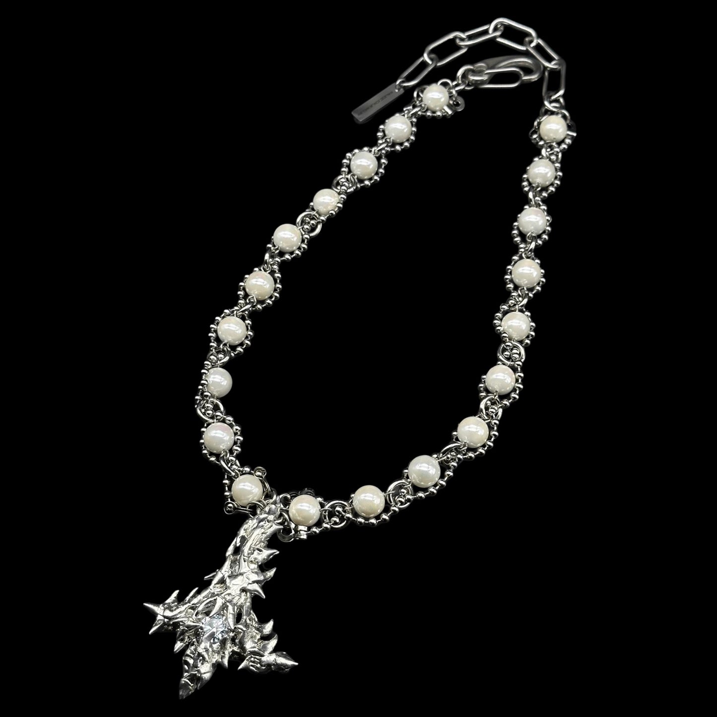 Soldered gem upside down cross pearl necklace