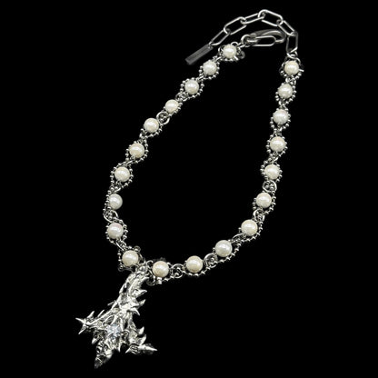 Soldered gem upside down cross pearl necklace