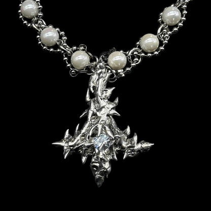Soldered gem upside down cross pearl necklace
