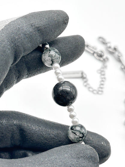 Grey Jade Bead Pearl Chain Necklace