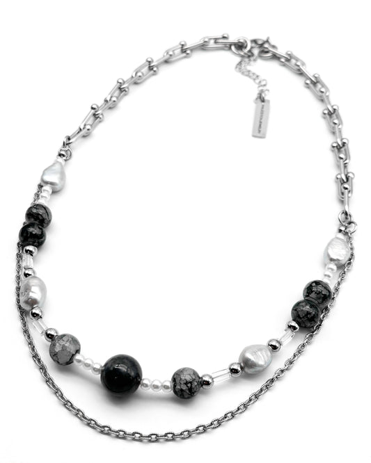 Grey Jade Bead Pearl Chain Necklace