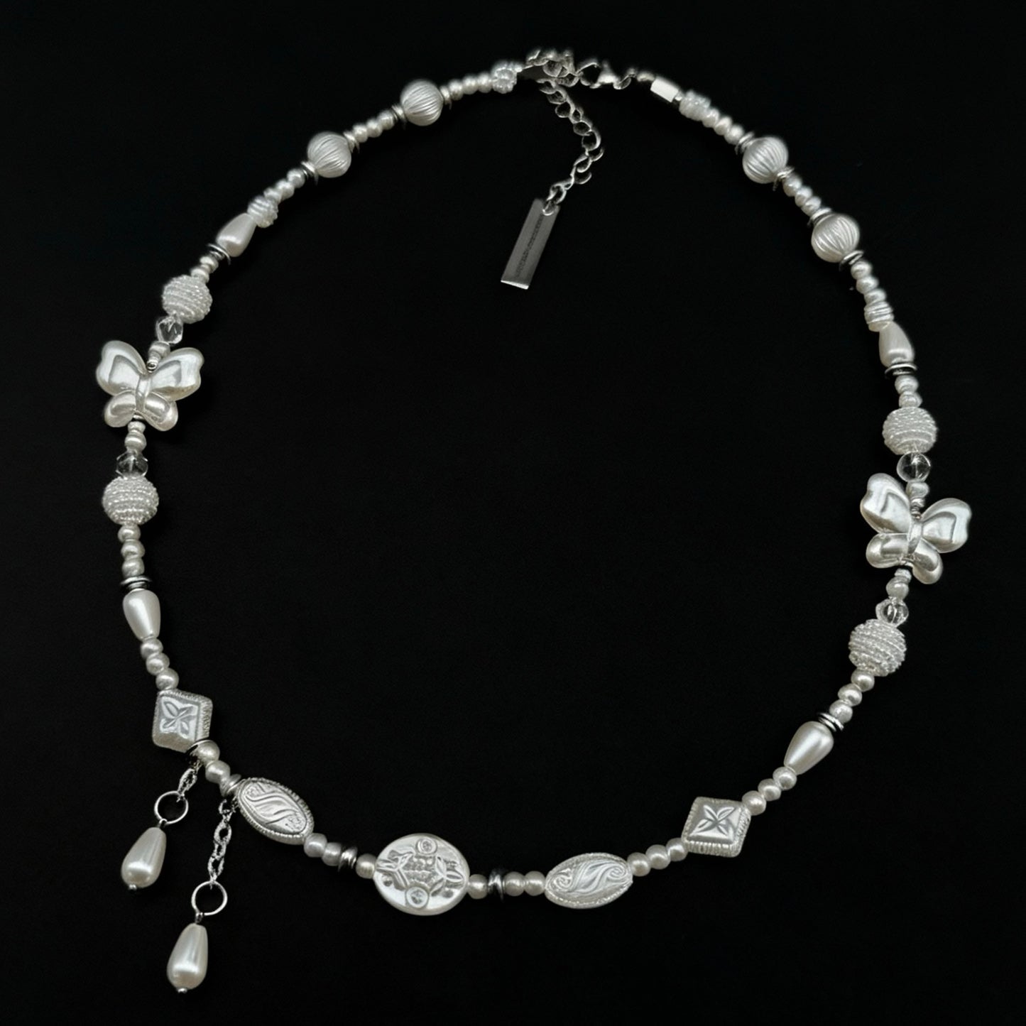 white beads double butterfly tear drop necklace