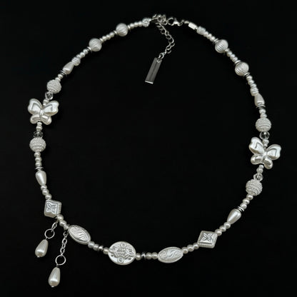 white beads double butterfly tear drop necklace