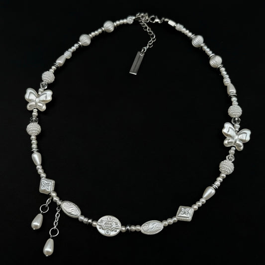 white beads double butterfly tear drop necklace