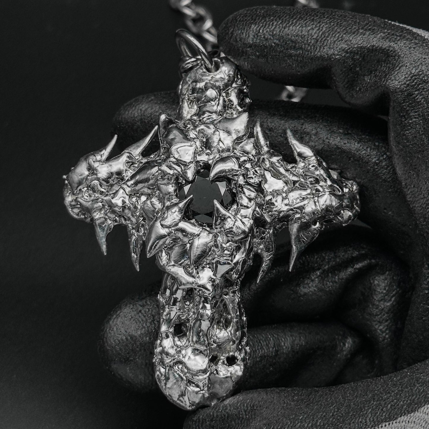 Soldered Black Gem Thorns Cross Necklace