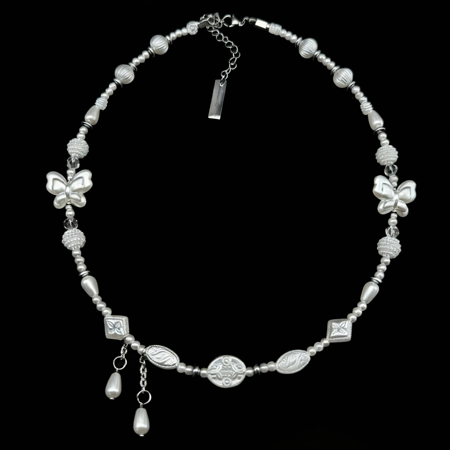 white beads double butterfly tear drop necklace