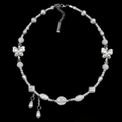 white beads double butterfly tear drop necklace