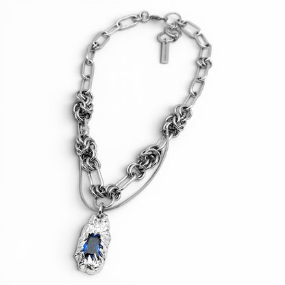 Soldered Blue Gem Pendant Chain Mail Necklace