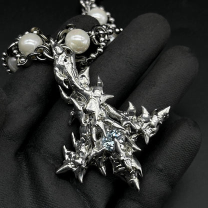 Soldered gem upside down cross pearl necklace