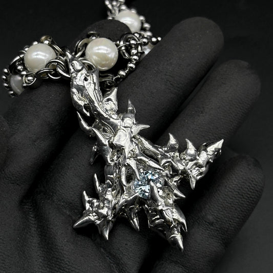 Soldered gem upside down cross pearl necklace