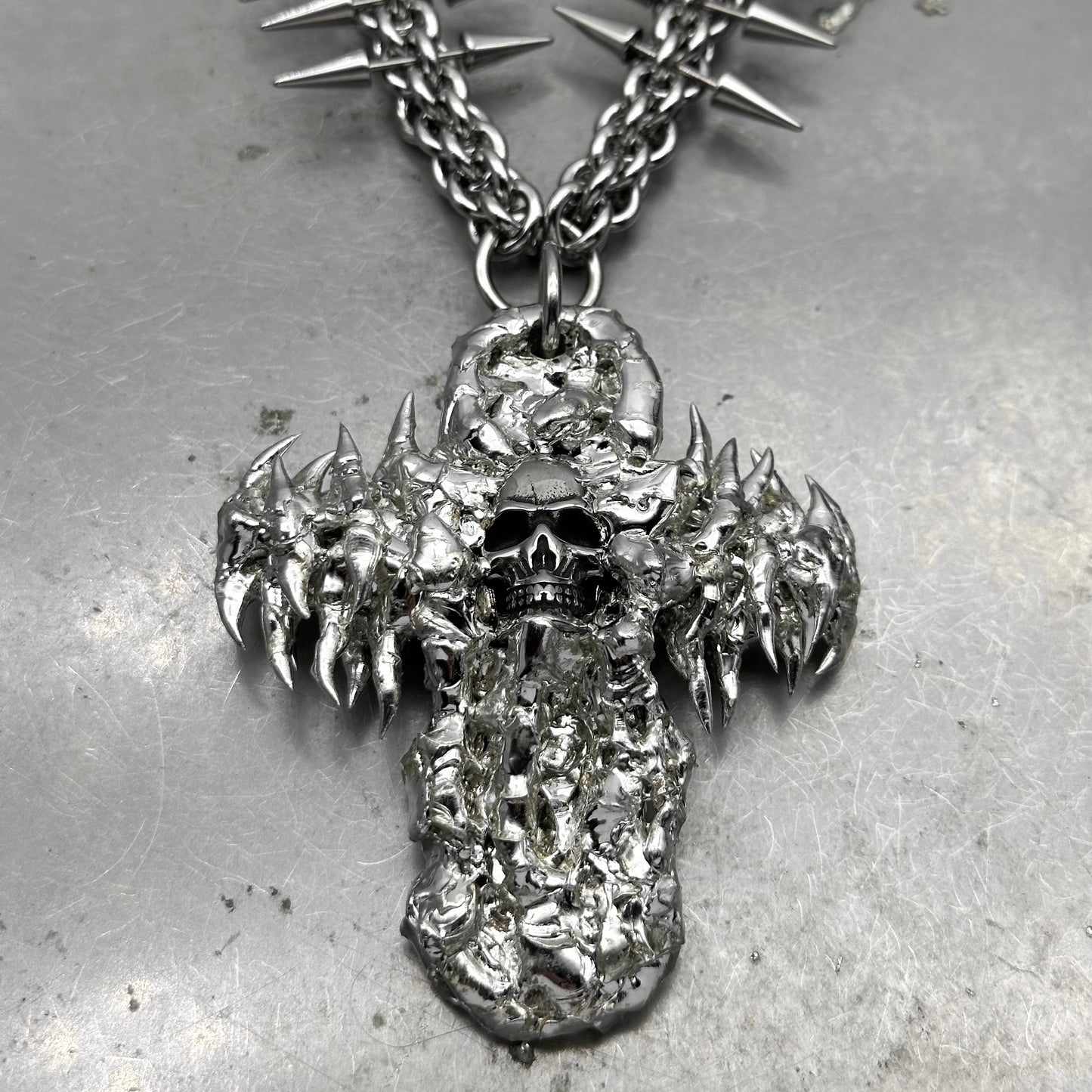 Soldered Skull Cross Pendant Spiked Chain Necklace