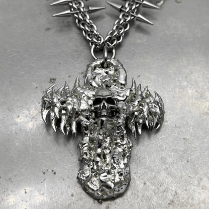 Soldered Skull Cross Pendant Spiked Chain Necklace