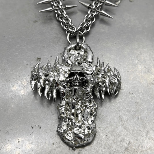 Soldered Skull Cross Pendant Spiked Chain Necklace