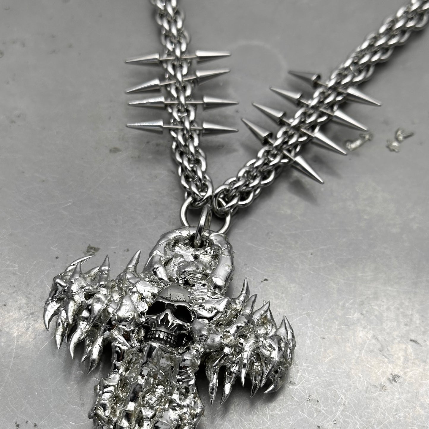 Soldered Skull Cross Pendant Spiked Chain Necklace