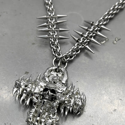 Soldered Skull Cross Pendant Spiked Chain Necklace