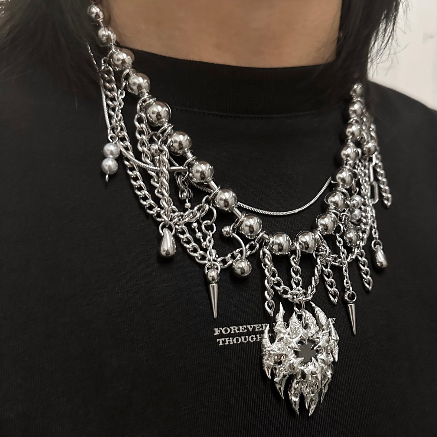 Soldered Black Gem Pendant Ball Chain Necklace